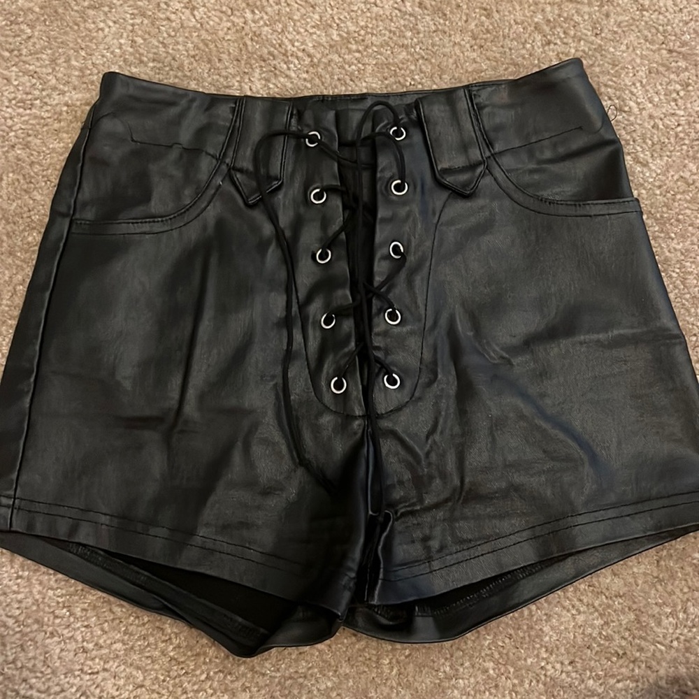 Black faux leather shorts
